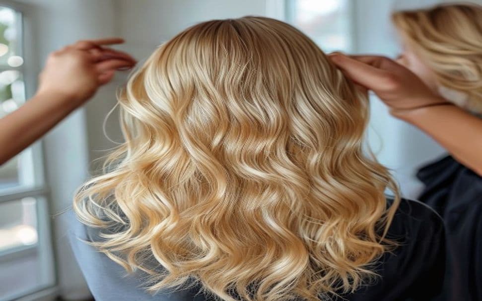 Três produtos de coloração capilar lado a lado — henna em pó, bisnaga de tintura e frasco de tonalizante — sobre bancada de salão